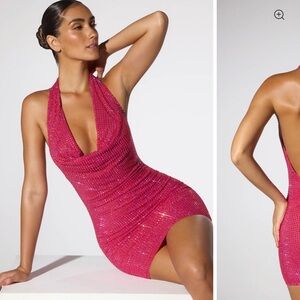 Oh Polly Raquel Embellished Extreme Cowl Neck Halter Mini Dress